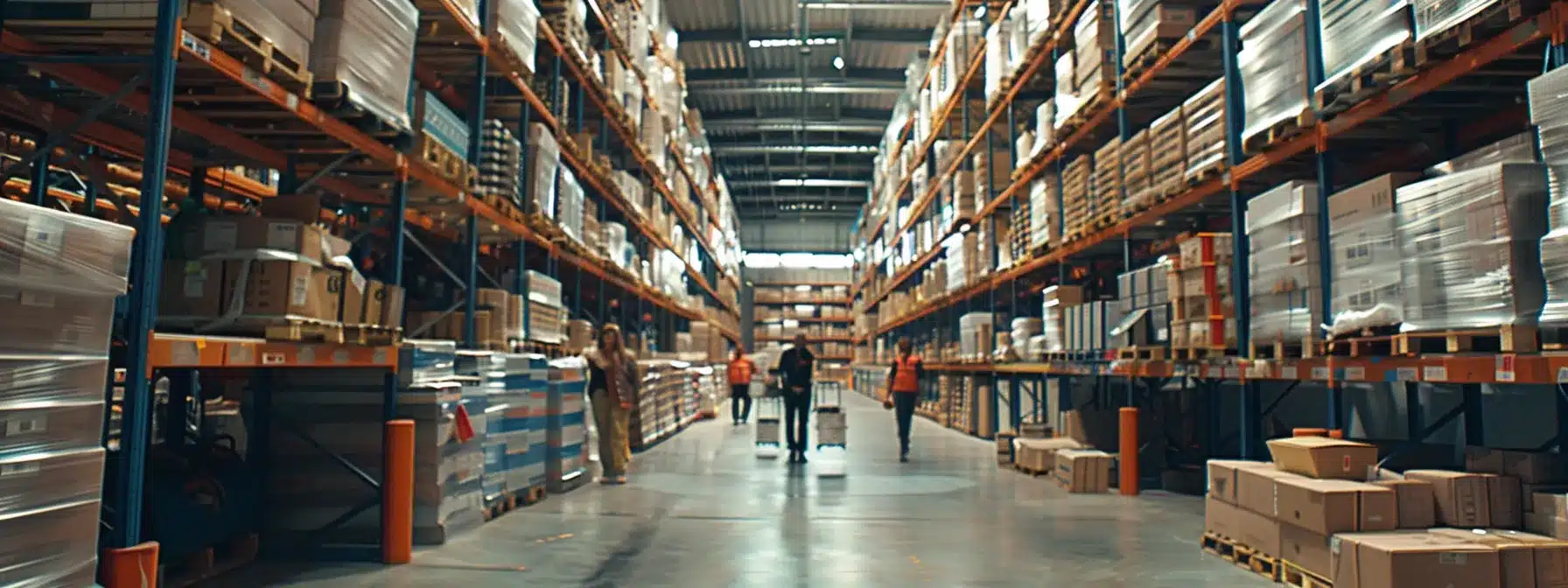 a busy warehouse with workers navigating through aisles filled with modern digital signage and pagers displaying real-time inventory updates benefits of upgrading warehouse paging systems